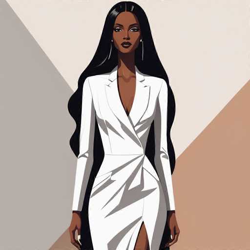 The image is a detailed, computer-generated illustration of a young African-American woman with long, wavy black hair that cascades down to her waist. She has a dark complexion and is adorned with long, silver earrings. Her attire is a striking white dress that combines elements of a suit jacket and a wrap dress, featuring a deep V-neckline that reveals a hint of cleavage. The dress is form-fitting, accentuating her slender figure, and includes a slit on the side that extends up to her upper thigh. The background is divided into four distinct sections: a light gray triangle in the upper left, a light tan triangle in the upper right, a darker tan triangle in the lower right, and a darker gray triangle in the lower left. The woman stands confidently, looking directly at the viewer, with her hands resting by her sides.