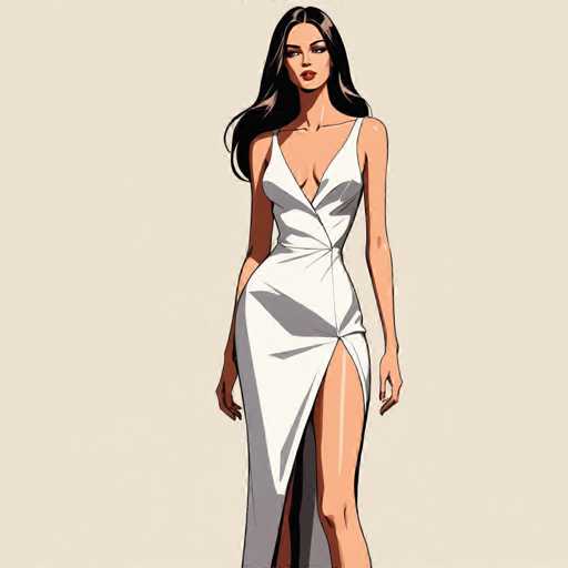 The image depicts a detailed, computer-generated illustration of a woman with long, dark brown hair that cascades past her shoulders. She is wearing a white, sleeveless dress that features a deep V-neckline and a high slit on the right side, revealing her leg. The dress is form-fitting, accentuating her figure, and has a unique design that wraps around her neck and extends down to her waist. The woman has a light complexion, dark eyes, and is adorned with red lipstick. Her arms hang naturally by her sides, and she stands against a light beige background. The overall style of the image is reminiscent of a comic book or graphic novel, with a focus on the woman's elegant and somewhat provocative appearance.