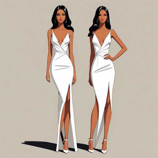 The image features a detailed drawing of two identical women, each with long black hair and brown skin, standing against a light gray background. Both women are dressed in identical white, sleeveless dresses that have a deep V-neckline and a slit up the front, revealing their legs. The dresses are form-fitting, accentuating their figures, and they both wear white high heels. The woman on the left stands with her arms at her sides, while the woman on the right has one arm bent with her hand resting on her hip. Both women are adorned with large hoop earrings and have a serious expression on their faces. The drawing captures the intricate details of their attire and posture, emphasizing their symmetry and identical appearance.