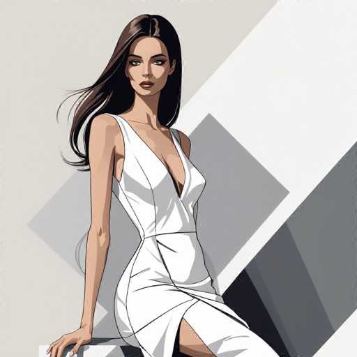 The image depicts a woman wearing a white dress with a plunging neckline and split skirt. She is sitting on a bench against a gray wall, facing the camera directly. The background features a simple geometric pattern in shades of gray and black.