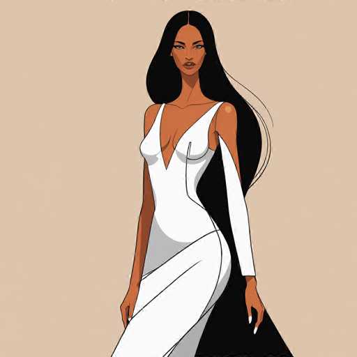 The image depicts a striking cartoon-style illustration of a woman with dark skin and long, flowing black hair that cascades down her back. She is wearing a form-fitting, white dress with a deep V-neckline that extends down to her belly button, and thin straps over her shoulders. The dress features a unique design with a long, white sleeve on her left arm, while her right arm remains bare. Her expression is serious, with a slight frown, and she gazes directly at the viewer. The background is a solid beige color, providing a stark contrast to her attire and features. The overall composition emphasizes her elegant yet intense presence, with her hair and dress flowing dynamically around her.