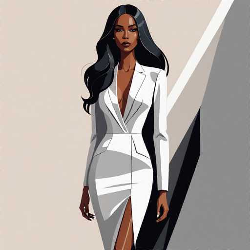 The image depicts a woman wearing a white dress with a deep V-neckline and split skirt. She is standing against a beige background, facing the camera directly. The woman's hair is styled in loose waves, adding to her elegant appearance.