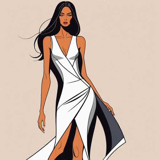 The image depicts a detailed cartoon drawing of a woman with long, flowing black hair that has subtle white streaks. She has a medium complexion and is wearing a sleeveless white dress with a deep V-neck that extends down to her knees. The dress features a striking design with black and gray accents, including a black stripe on the left side and a gray stripe on the right side. The woman is holding the bottom of her dress with her left hand, revealing her legs. She has red lipstick and is looking directly at the viewer. The background of the image is a light beige color, providing a neutral backdrop that highlights the intricate details of her attire and appearance.