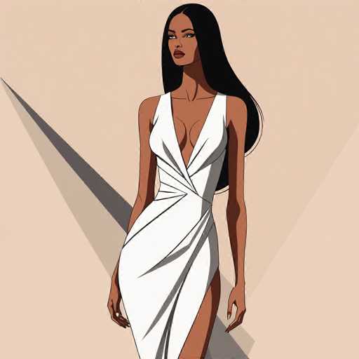 The image is a detailed digital illustration of a woman with dark skin and long, straight black hair that cascades down her back. She is depicted wearing a white dress with a deep V-neckline that extends down to her belly button, and the dress features a high slit on the left side, revealing her leg. The dress is sleeveless with thin straps over her shoulders. The woman has a serious expression, with her lips closed, and she is looking slightly to the left. Her arms hang naturally by her sides, with her hands relaxed. The background is a light beige or tan color, and there is a dark gray shadow cast behind her, adding depth to the image. The overall style of the illustration is reminiscent of a comic book or graphic novel.