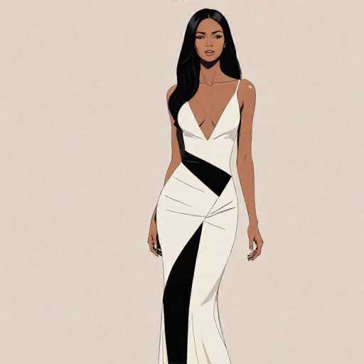 The image depicts a woman wearing a white dress with black stripes down the side and a plunging neckline. The woman is standing against a light pink background, which contrasts with her dark hair and the stark white of her dress.