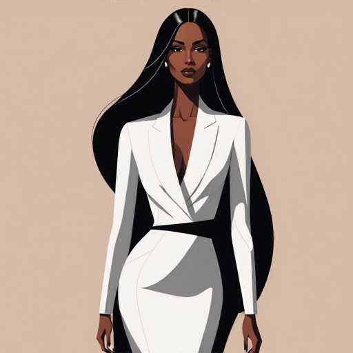 This image features a striking illustration of a black woman with long, flowing black hair that cascades down to her waist. She is dressed in a sleek, white blazer that extends into a dress, cinched at the waist with a black belt. The blazer is open at the front, revealing a hint of cleavage. Her facial features are accentuated with bold red lipstick, and she wears white earrings that add a touch of elegance. The woman's hands are visible, with her fingers slightly curled, adding a subtle touch of poise to her stance. The background is a soft, light pink, which contrasts beautifully with her attire and hair. The overall composition is minimalist, focusing attention on the woman's poised and confident presence.