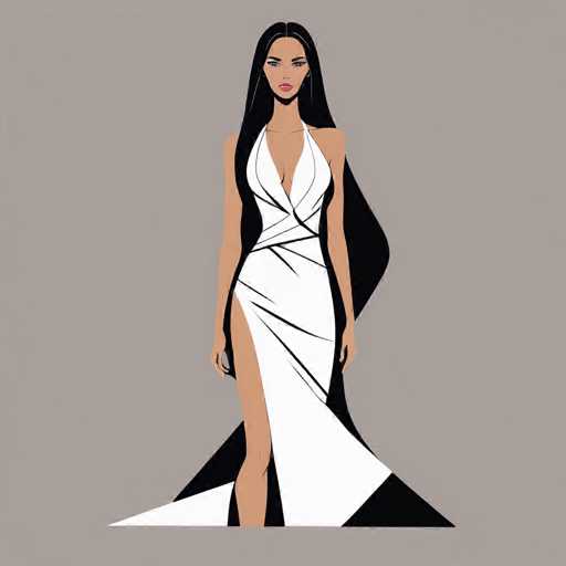 This image features a striking cartoon-style illustration of a woman set against a gray background. The woman has long, flowing black hair that cascades down her back, partially obscuring her left arm. She is dressed in a white dress with a deep V-neckline that plunges down to her belly button, accentuating her long, slender neck. The dress is sleeveless and features a high slit on the right side, revealing her leg up to the thigh. The fabric of the dress is adorned with black lines that add texture and depth to the garment. The woman's arms are positioned at her sides, with her hands hanging loosely. She has a fair complexion, and her facial features include dark eyebrows, blue eyes, and pink lips. The overall composition of the image is both elegant and captivating, highlighting the woman's graceful posture and detailed attire.