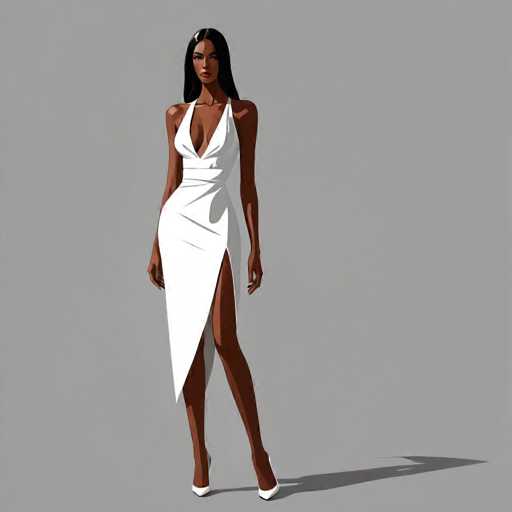 This image features a striking African-American woman with long, straight black hair that falls just past her shoulders. She is wearing a form-fitting, white dress with a deep V-neckline that plunges down to her belly button, and the dress has thin straps over her shoulders. The dress is designed with a high slit on the left side, revealing her leg up to the thigh. She is also wearing white high heels. The woman stands confidently with her hands at her sides, her left leg slightly forward, and her right leg positioned back. Her expression is serious, and she gazes directly at the camera. The background is a solid gray, and her shadow is visible on the ground to the right, adding depth to the image.