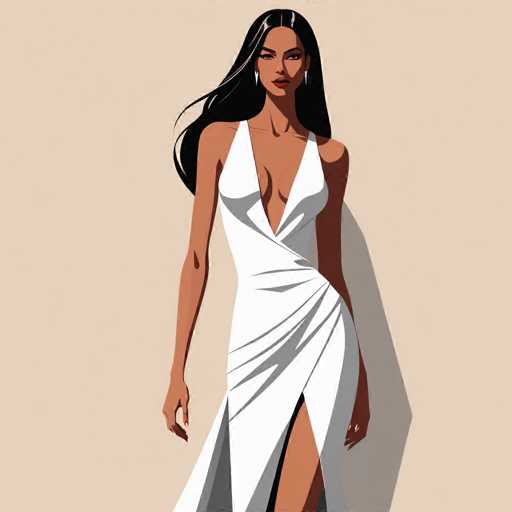 This image features a detailed illustration of a woman with long, flowing black hair that cascades down to her waist. She is depicted wearing a striking white dress that accentuates her tan complexion. The dress is designed with a deep V-neckline that plunges down to her belly button, revealing a significant amount of cleavage. The dress has thin straps that rest on her shoulders, and it is form-fitting, hugging her curves. The skirt of the dress is asymmetrical, with one side extending longer than the other, and it features a high slit that reveals her leg. Her arms are positioned at her sides, and she is adorned with long, dangling earrings that add an elegant touch to her overall look. The background of the image is a light tan color, which complements the white of her dress and highlights her tan skin.