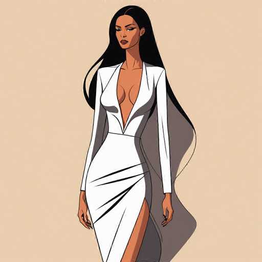 The image depicts a cartoon-style drawing of a woman with long, straight black hair that cascades down her back. She has a tan complexion and is wearing a form-fitting white dress with long sleeves. The dress features a plunging neckline that extends down to her belly button, revealing a significant amount of cleavage. The dress is also tight-fitting around her waist and upper thighs, with a slit on the right side that extends up to her hip. The woman's arms hang straight down by her sides, and she has a serious expression on her face. The background is a light tan color, and the woman casts a shadow on it. The overall style of the image is reminiscent of a comic book or animated character.