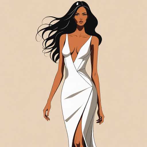 This image features a striking cartoon-style illustration of a woman with long, flowing black hair. She is depicted wearing a white dress that accentuates her figure, with a daring slit that extends up to her thigh. The dress is designed with thin straps that rest on her shoulders, and it has a unique twist at the waist, creating an intriguing visual effect. The woman's arms are positioned at her sides, and her facial expression is one of intense focus, as she gazes directly at the viewer. The background is a simple, light brown or beige color, which serves to highlight the detailed and vibrant portrayal of the woman.