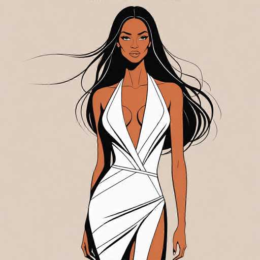 The image features a striking cartoon drawing of a woman with dark skin and long, flowing black hair that appears to be blowing in the wind. She has a serious expression and is looking directly at the viewer. Her hair is parted in the middle, with strands cascading down to her waist. She is wearing a white dress that is low-cut, revealing her cleavage, and has a slit on the right side that extends up to her thigh. The dress is form-fitting and accentuates her figure, with a sash around her waist that adds a touch of elegance. Her arms are relaxed at her sides, and her nails are painted black. The background is a solid beige color, which contrasts with the detailed and vibrant depiction of the woman. The overall style of the drawing is reminiscent of a comic book or graphic novel, with a focus on bold lines and expressive features.