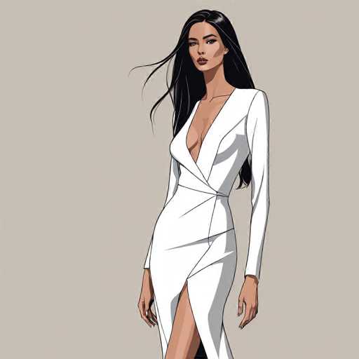 The image depicts a computer-generated illustration of a woman with long, dark hair that appears to be blowing in the wind. She has a medium complexion and is wearing a white dress with a deep V-neckline that extends down to her belly button, revealing a significant amount of cleavage. The dress is form-fitting and features a high slit on the left side, exposing her leg up to the thigh. The dress is also adorned with a sash that cinches at her waist and drapes down the front. Her arms hang naturally by her sides, with her hands relaxed at her hips. The background is a solid gray, providing a stark contrast to her attire. The woman's facial features include dark eyebrows, dark eyes, and dark lips, and she is looking directly at the viewer. The overall style of the image is reminiscent of a comic book or animated drawing.