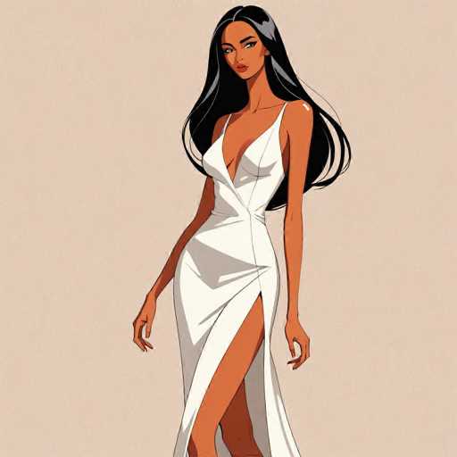 The image depicts a cartoon-style drawing of a woman with long, dark hair that cascades down to her waist. She has a medium complexion and is wearing a white dress with thin straps and a deep V-neckline that reveals a significant portion of her chest. The dress features a high slit on the left side, exposing her leg up to the thigh. The woman's arms are positioned at her sides, with her right hand slightly bent at the elbow and her left hand hanging straight down. She has a serious expression on her face, with her lips closed and her gaze directed slightly to the left. The background is a light brown or tan color, providing a neutral backdrop that contrasts with her dark hair and white dress. The overall style of the drawing is reminiscent of a comic book or animated character.