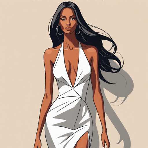 This image features a detailed, cartoon-style drawing of a woman with dark skin and long, flowing black hair that cascades down her back. She is depicted wearing a white, one-shoulder dress that reveals a significant portion of her chest and extends to her upper thigh. The dress has a unique design with a V-neck that dips down to her belly button and a strap over her left shoulder. Her arms hang naturally by her sides, and she is adorned with large hoop earrings. The woman's expression is serious, with her eyes looking directly at the viewer. The background is a light tan or beige color, and a shadow of her figure is cast on the wall behind her, adding depth to the image. The overall style of the drawing is reminiscent of a comic book or animated character, with a focus on bold lines and vibrant colors.