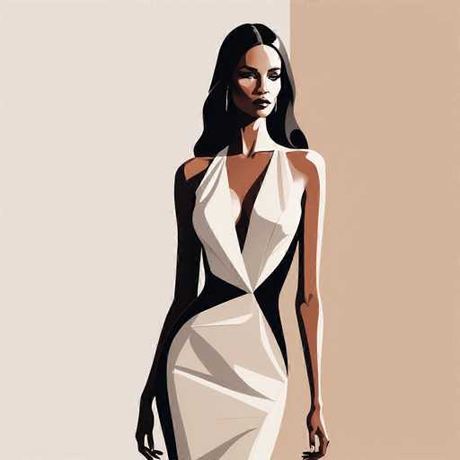 The image depicts a woman wearing a white dress with black and white geometric patterns on the bodice and skirt. The woman is standing against a beige background, which contrasts with her outfit. She has long dark hair that falls over her shoulders, adding to her elegant appearance.