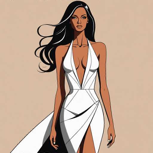 The image depicts a detailed cartoon drawing of a woman with long, flowing black hair adorned with white streaks. She has a medium complexion and is wearing a white dress that accentuates her figure. The dress features a deep V-neckline that extends down to her belly button, revealing a significant amount of cleavage. The dress is sleeveless with thin straps over her shoulders and has a high slit on the left side, exposing her leg. The woman's arms hang naturally by her sides, and she has a serious expression on her face. The background of the image is a light brown or tan color, providing a neutral backdrop that highlights the woman's striking appearance.