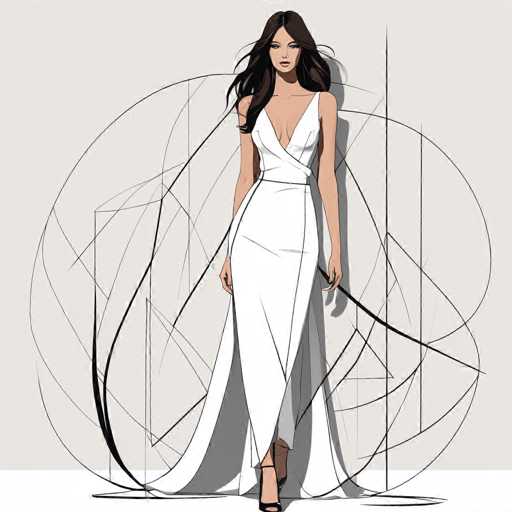 The image depicts a detailed drawing of a woman standing against a light gray background. She has long, dark brown hair that cascades down to her chest, with a few strands flowing in the wind. Her complexion is light, and she has a serious expression on her face, looking slightly downward. She is wearing a long, white dress that features a deep V-neckline, revealing a significant portion of her chest and stomach. The dress is sleeveless and has a unique design with a strap that wraps around her right shoulder and extends down to her left side. The dress is form-fitting, accentuating her figure, and has a slit that reveals her legs up to the knees. She is wearing black high heels with straps around her ankles. Behind her, the background is adorned with intricate black lines forming various shapes, including circles, triangles, and rectangles, adding a dynamic and artistic element to the composition.