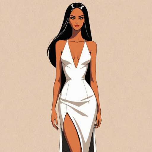 This image features a detailed, computer-generated illustration of a woman with a medium complexion and long, straight black hair that cascades down to her waist. She is depicted wearing a form-fitting white dress with thin straps over her shoulders and a deep V-neckline that extends down to her belly button. The dress has a high slit on the left side, revealing her leg up to the thigh. The woman's arms hang naturally by her sides, and she has a serious expression on her face, looking directly at the viewer. The background is a solid light brown color, providing a simple and unobtrusive backdrop that emphasizes the woman's figure. The overall style of the image is reminiscent of a comic book or graphic novel illustration.