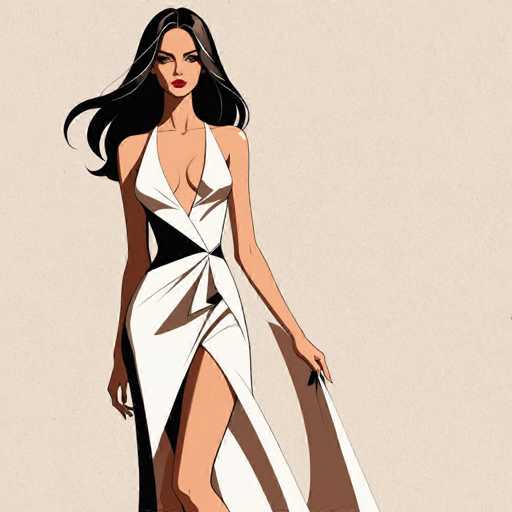 The image is a detailed, computer-generated illustration of a woman with long, flowing black hair that cascades down to her waist. She has a fair complexion and is adorned with striking red lipstick. The woman is dressed in a white, sleeveless dress that features a deep V-neckline, revealing a significant portion of her chest. The dress is form-fitting and accentuates her figure, with a black band around her waist that adds contrast. The dress has a slit on the left side, extending up to her upper thigh, and she is holding the fabric of the slit with her left hand. Her right hand rests by her side. The background of the image is a light beige or tan color, providing a neutral backdrop that highlights the woman's striking appearance.