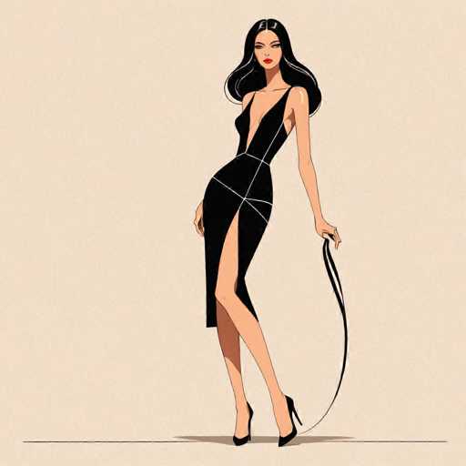 The image is a detailed cartoon drawing of a woman with long, wavy black hair that cascades down to her shoulders. She has striking red lips and is wearing a form-fitting, black dress with a high slit on the left side, revealing her leg. The dress features a deep V-neckline that extends down to her waist, adorned with white lines that crisscross around her torso. She is holding a black belt in her left hand, which is extended out to her side, while her right hand rests on her hip. Her black high heels accentuate her poised stance. The background is a light beige or tan color, and the woman stands on a black line that runs horizontally across the bottom of the image, casting a shadow beneath her. The overall composition gives the impression of a sophisticated and stylish figure, possibly a model or an actress, set against a minimalist backdrop.