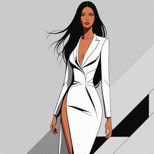 The image is a detailed, computer-generated drawing of a woman with dark skin and long, flowing black hair that cascades down to her waist. She is dressed in a striking, form-fitting white dress that accentuates her figure, featuring a deep V-neckline that reveals a significant portion of her chest. The dress has a high slit on the left side, exposing her leg up to the thigh. Her arms are positioned at her sides, with her hands resting on a set of white stairs, which have black steps. The background is predominantly gray, with a lighter gray area in the bottom right corner. The woman's expression is serious, and she gazes directly at the viewer, adding to the intensity of the image.
