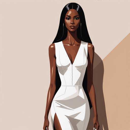 This image features a striking, computer-generated illustration of a young African-American woman with long, straight black hair that cascades down her back. She is depicted wearing a sleek, white dress with a low-cut V-neckline and a high slit on the left side, revealing her leg. The dress is form-fitting, accentuating her slender arms and shoulders. Her skin is a rich brown, and she has a serious, almost stern expression on her face, with her lips closed. She is adorned with large hoop earrings, and her arms are positioned at her sides. The background is a gradient of light to medium brown, with a darker brown triangle in the bottom right corner. The overall composition gives the impression of a sophisticated and elegant portrait, possibly intended for a fashion advertisement.