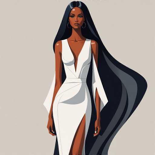 The image depicts a striking cartoon-style illustration of a tall, slender African-American woman with long, flowing black hair that cascades down to her waist. Her hair is parted in the middle, with a subtle grayish tint at the tips. She has a serious expression and is adorned with large hoop earrings. The woman is wearing a form-fitting, sleeveless white dress that features a plunging V-neckline, a high slit on the right side, and a belt cinched at her waist. The dress also has a dramatic low-cut back. Her arms are relaxed at her sides, and she is wearing rings on both hands. The background of the image is a light gray, which accentuates the detailed and vibrant portrayal of the woman.