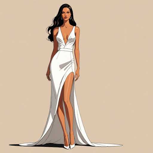 This image features a detailed illustration of a woman with long, wavy black hair cascading down her back. She is dressed in a striking white gown that accentuates her elegant figure. The dress has a deep V-neckline that plunges down to her waist, adding a touch of allure to her appearance. The gown is sleeveless, with straps that rest delicately on her shoulders. A sash cinches her waist, creating a defined silhouette, and the dress flows gracefully to the floor, with a dramatic slit that reveals her legs. She completes her sophisticated look with white high heels. The background of the image is a soft, light brown, providing a warm contrast to the white of her dress. The woman's face is adorned with subtle makeup, and she wears hoop earrings that add a touch of elegance. Her expression is serious, and she gazes directly at the viewer, exuding confidence and poise.
