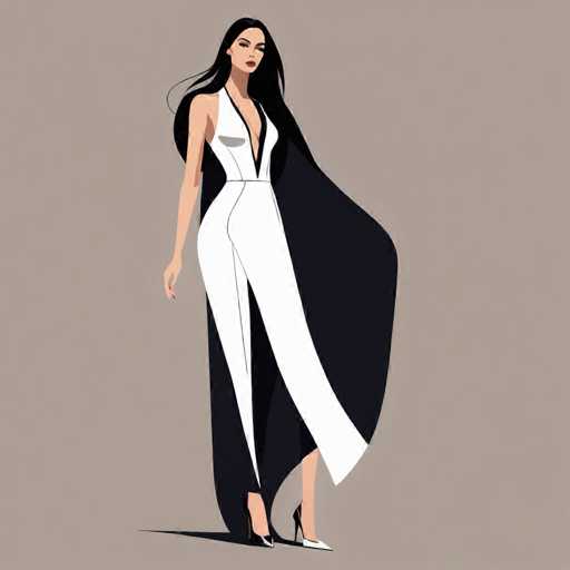 The image features a striking cartoon-style illustration of a woman with long, flowing black hair. She is dressed in a sleek, white jumpsuit that accentuates her figure, particularly highlighting her shapely legs. The jumpsuit has a daring deep V-neckline that plunges down to her belly button, adding a touch of allure to her ensemble. Draped over her shoulders is a dramatic black cape that cascades down to her feet, creating a bold contrast against the white jumpsuit. Her footwear consists of elegant black high heels, completing her sophisticated look. The woman's face is adorned with red lipstick, and she gazes directly at the viewer with a confident expression. The background is a simple, solid gray, ensuring that all attention remains on the central figure.