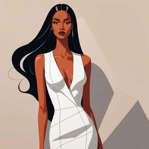 The image depicts a computer-generated, cartoon-like illustration of a young woman with dark skin and long, flowing black hair that cascades down to her waist. She is wearing a form-fitting, sleeveless white dress that accentuates her figure, featuring a deep V-neckline that reveals some cleavage. The dress has a unique design with black lines running across it, adding texture and visual interest. The woman's arms are visible, and she stands against a beige background that includes a subtle shadow of her figure. Her facial features are distinct, with dark eyes, dark eyebrows, and dark red lips, and she gazes directly at the viewer with a composed expression. The overall style of the image is reminiscent of a comic book or animated character, emphasizing bold lines and vibrant colors.