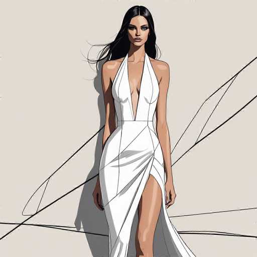 The image is a detailed, computer-generated illustration of a woman with long, flowing black hair that appears to be blowing in the wind. She is wearing a striking white dress with a deep V-neckline that extends down to her belly button, and the dress features a high slit on the right side, revealing her leg. The dress is sleeveless and has a unique design with diagonal lines running from the top left to the bottom right, creating a dynamic, almost dress-like appearance. The woman has a serious expression and is looking directly at the viewer. The background is a light gray color with black lines that add depth and texture to the scene. The overall composition gives the impression of a fashion illustration, possibly for a magazine or website.