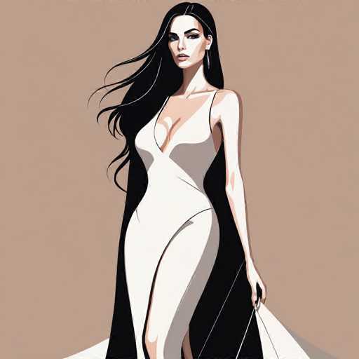 The image depicts a highly detailed, computer-generated illustration of a woman with long, flowing black hair that appears to be blowing in the wind. She is dressed in a form-fitting, white dress with a deep V-neckline that accentuates her cleavage. The dress features a slit up the side, revealing her leg. She is holding the fabric of the dress with her left hand, which is adorned with long, black fingernails. The woman has striking blue eyes, pink lips, and is wearing long, dangling earrings. Her expression is serious, and she gazes directly at the viewer. The background is a solid, light brown or beige color, providing a stark contrast to her white dress and black hair. The overall composition of the image is square, with the woman positioned centrally, making her the focal point of the artwork.