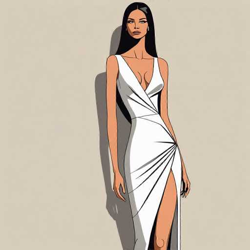 The image depicts a cartoon-style drawing of a woman with long, straight black hair that cascades down to her waist. She has a tanned complexion and is wearing a white dress with a deep V-neckline that reveals a significant amount of cleavage. The dress features a high slit on the right side, exposing her leg up to the knee. The woman's arms are positioned at her sides, and she is adorned with small earrings. The background is a light gray, and the woman casts a shadow behind her, adding depth to the image. The overall style is reminiscent of a comic book or graphic novel illustration.