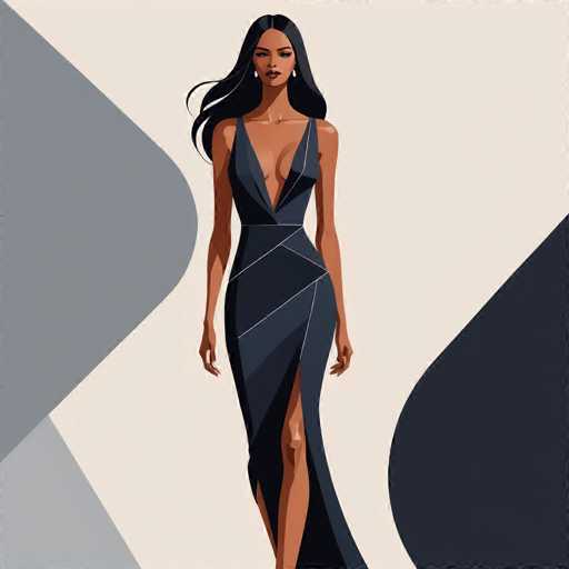 The image depicts a detailed, computer-generated illustration of a woman with dark skin and long, flowing black hair. She is wearing a striking, dark blue dress with a deep V-neckline that extends down to her belly button, and the dress features a high slit on the left side, revealing her leg. The dress is adorned with white lines that create a pattern of triangles and rectangles, adding a geometric flair to the garment. The woman's arms hang naturally by her sides, and she is accessorized with white earrings. Her expression is serious, with her eyes looking slightly to the left. The background is a light beige color, accented by two large, curved gray shapes—one on the left and one on the right—adding a modern touch to the overall composition.