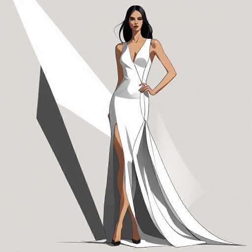 The image depicts a cartoon-style illustration of a woman with long, straight black hair, standing confidently in a white, sleeveless dress. The dress features a deep V-neckline that extends down to her belly button, and a high slit on the left side that reveals her leg. The fabric of the dress flows elegantly around her feet, creating a dramatic effect. She is wearing black high heels and has one hand placed on her hip, exuding a poised and self-assured demeanor. The background is a light gray, and there are distinct shadows cast behind her, including a prominent white shadow and a darker gray one, adding depth to the scene. The overall composition suggests a fashion illustration, possibly for a magazine or website.