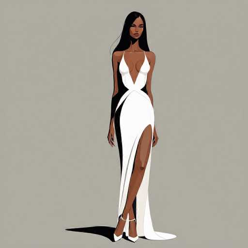 The image features a striking cartoon-style illustration of a woman with dark skin and long, straight black hair that cascades down her back. She is dressed in a form-fitting, white dress with a deep V-neckline that extends down to her belly button, and a high slit on the left side revealing her leg. The dress is accentuated with black details on the sides, adding a touch of contrast. She stands confidently with her legs crossed, one leg over the other, and her arms hanging naturally by her sides. Her feet are adorned with white high heels that have ankle straps. The background is a solid gray, and a shadow is cast behind her, enhancing the depth of the image. The woman's facial features are distinct, with a long nose, thin lips, and dark eyes, giving her a captivating presence.