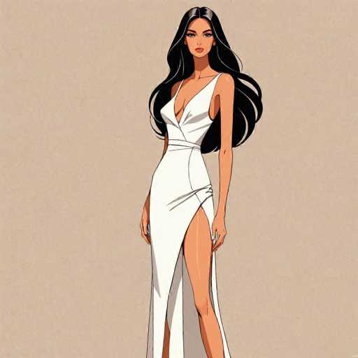 The image features a striking cartoon-style illustration of a woman set against a light brown background. The woman, who appears to be of Caucasian descent, has long, flowing black hair that cascades down to her waist. She is dressed in a form-fitting, white dress with a single strap over her right shoulder and a deep V-neckline that extends down to her belly button. The dress is accentuated by a sash around her waist and a dramatic slit that reveals her right leg, which is slightly bent. Her left leg remains covered by the dress. The woman's arms are relaxed at her sides, with her right hand positioned slightly lower than her left. She has a serious expression on her face, with her lips closed and her gaze directed straight ahead. The overall composition of the image is square, with the woman centrally positioned, making her the focal point of the illustration.