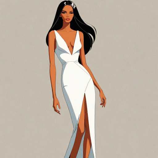 The image features a detailed cartoon drawing of a woman with long, flowing black hair that cascades down her back. She has a medium complexion and is dressed in a form-fitting, sleeveless white dress with a plunging neckline that extends down to her belly button. The dress is accentuated by a high slit on the left side, revealing her leg. The woman's arms are positioned at her sides, with her left arm slightly bent. She stands against a light gray background, looking directly at the viewer with a serious expression. The overall composition suggests a fashion illustration, possibly for a magazine or website.