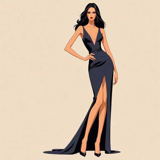 The image features a detailed, cartoon-style drawing of a woman set against a light pink background. The woman, who has long, wavy black hair parted in the middle, is depicted with a serious expression and red lipstick. She is wearing a long, dark blue or black dress that accentuates her figure, with a deep V-neckline that extends down to her belly button and a slit that reveals her legs up to the upper thigh. The dress is sleeveless, and she pairs it with black high heels. Her right hand rests on her hip, while her left arm hangs by her side. The overall style of the drawing is reminiscent of a fashion illustration, possibly for a magazine or a clothing brand.