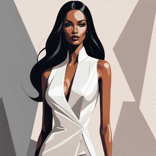 The image depicts a detailed, computer-generated illustration of a young African-American woman with long, wavy black hair that cascades down to her waist. She is wearing a sleeveless, white dress that features a deep V-neck, revealing her cleavage. The dress is designed with a unique twist at the waist, where it folds over itself. The woman has a serious expression, with her lips closed and eyes looking slightly to the right. Her skin is a rich brown, and her arms are positioned at her sides. The background is a light beige color, adorned with various gray and brown geometric shapes, including triangles and rectangles, which add depth and texture to the scene. The overall composition is square, with the woman centrally positioned, making her the focal point of the image.