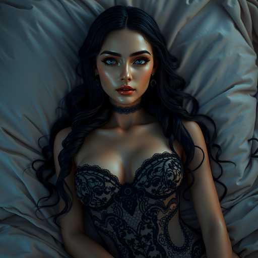 This image depicts a highly realistic, AI-generated woman with long, wavy black hair cascading down to her chest. She has striking blue eyes, dark eyebrows, and a tan complexion. Her lips are painted a vivid red, and she wears a black choker around her neck. She is dressed in a black lace corset that accentuates her cleavage and features intricate patterns. The woman is lying on a bed with a grayish-blue, satin-like comforter, her head resting on a pillow. Her arms are positioned beside her, and she gazes directly at the viewer with a neutral expression. The overall scene is detailed and lifelike, showcasing the capabilities of advanced AI image generation.