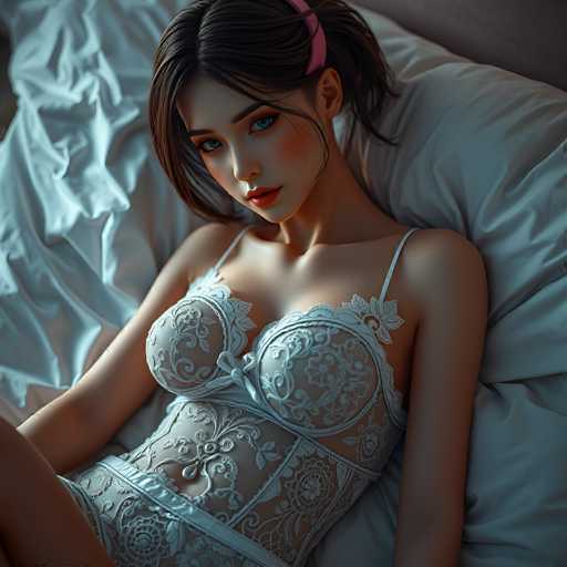 A highly detailed, computer-generated image depicts a young woman with a distinctly anime-inspired appearance. She has long, dark brown hair adorned with a pink scrunchie, and her striking blue eyes are accentuated by heavy makeup, including dark eyebrows, pink eye shadow, and red lipstick. Her cheeks are blushed, adding to her vibrant look. She is dressed in a white, lacy nightgown that features a corset-like design with thin straps and a lace skirt. The nightgown is adorned with intricate floral patterns, adding to its delicate aesthetic. The woman is lying on a white pillow, with a white sheet visible in the background, enhancing the serene and intimate setting of the scene.