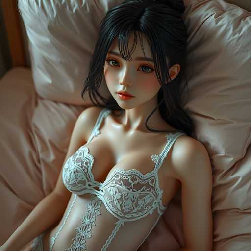 This image features a highly detailed, computer-generated depiction of an Asian woman, likely in her late teens or early twenties. She has long, dark hair with bangs that partially cover her forehead, and her hair is pulled back into a ponytail. Her complexion is very pale, and she has striking blue eyes accentuated by red eyeshadow. Her lips are painted a vivid red, and she has a slight blush on her cheeks.

The woman is wearing a white, lacy nightgown that is semi-transparent, revealing her bare arms and legs. The nightgown has thin straps over her shoulders and a lace design that extends down the front of her torso. She is lying on a bed adorned with a white comforter and two white pillows. The background includes a wooden headboard, adding a touch of warmth to the scene. The overall composition and intricate details suggest that this image is a sophisticated piece of digital art.