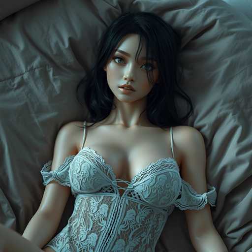 This image features a highly realistic, AI-generated depiction of a young woman, likely in her early 20s, with strikingly lifelike features. She has long, dark hair cascading down to her shoulders, with bangs partially obscuring her face. Her complexion is fair, and she has captivating blue eyes that gaze directly at the viewer. Her lips are slightly parted, revealing a hint of her teeth, and her expression is neutral, neither smiling nor frowning.

She is dressed in a delicate, light blue nightgown adorned with intricate lace patterns. The nightgown features thin straps over her shoulders and a unique design that ties together in the middle of her chest. The garment extends down to her waist, where it is cut off in the image. Her arms are relaxed at her sides, and she is lying on a bed with a grayish-blue comforter that complements her nightgown. The overall scene exudes a serene and intimate atmosphere, highlighting the exquisite details of the AI-generated artwork.