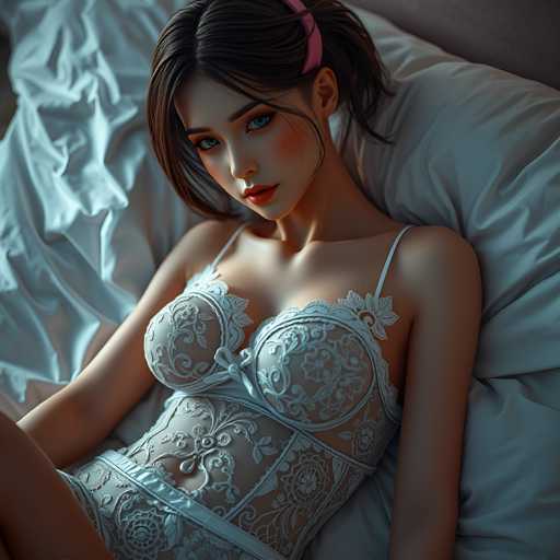 The image shows a woman wearing a white lace bra and matching panties with a pink headband on her hair. She is lying down on a bed with white sheets and a pillow behind her. The background appears to be a blurred bedroom setting.