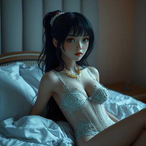 The image depicts a young woman with long black hair, styled in a ponytail with bangs framing her face. She is wearing a white and red hair tie. Her complexion is fair, and she has striking blue eyes accentuated by red lipstick. She is adorned with a gold necklace featuring a cross pendant. The woman is dressed in a white lingerie set, which includes a bra and panties, both embellished with floral patterns. She is seated on a bed with white sheets, leaning against a white pillow. The headboard of the bed is brown with a white stripe, and the wall behind it is painted white. The floor beneath the bed is brown, and a small black object is visible on the floor.