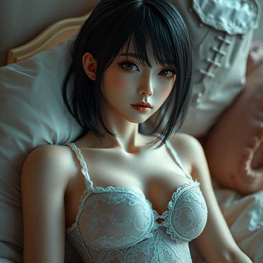 This image features a highly detailed, computer-generated depiction of an Asian woman with distinct anime-like characteristics. She has short, black hair with bangs that partially obscure her face, and her eyes are a striking brown. Her facial features include a small nose and full lips, with a hint of blush on her cheeks, giving her a slightly flushed appearance. She is wearing a lacy nightgown that is light gray with intricate white lace details, including a floral pattern. The nightgown has thin straps that go over her shoulders. The woman is lying on a bed adorned with various pillows: a large white pillow behind her, a smaller pink pillow to the right, and a gray pillow with a white pillowcase featuring a lace-like design. The headboard of the bed is light brown, and the background wall is a muted gray, adding to the serene and intimate setting.