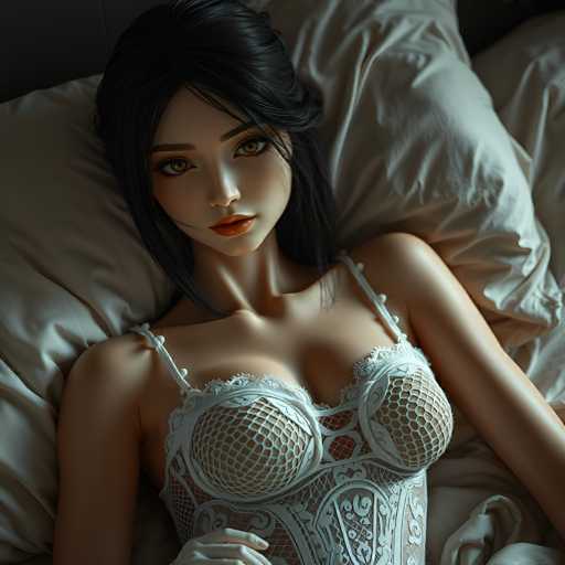 This image features a highly detailed, computer-generated depiction of a woman with distinctly Asian features. She has long, black hair that cascades down to her shoulders, with bangs framing her face. Her striking green eyes are accentuated by long eyelashes, and her lips are painted a vivid red. She is dressed in a white corset adorned with intricate lace and floral patterns, which features a crisscross design over her chest. The corset is fastened with white buttons, adding to its ornate appearance. Her right hand is visible, wearing a white glove, and her left arm is partially shown. The woman is reclining on a bed covered with white sheets, and the background is a muted gray, providing a stark contrast to her vibrant features and attire.