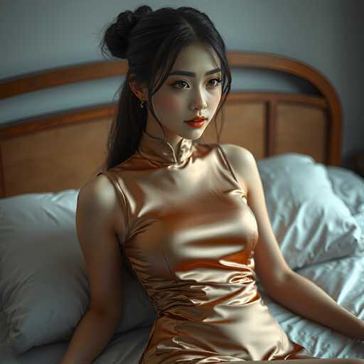 A highly detailed, computer-generated image depicts a young Asian woman with long black hair styled in a bun, with some strands cascading down her face. She is seated on a bed adorned with white sheets and pillows, leaning against the headboard. The woman is dressed in a shiny, metallic copper dress that features a high collar and thin straps, accentuating her elegant appearance. Her makeup is meticulously applied, with striking red lipstick and dark, defined eyebrows. She wears small gold earrings, adding a touch of sophistication to her look. The background is a simple, gray wall, which contrasts with the vividness of her attire and features. The image is square in shape, capturing the woman from the top of her head to just below her waist, with her arms resting on the bed.